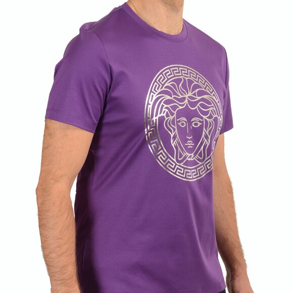 Versace Men's Purple & Silver Medusa Logo Print Short Sleeve T-Shirt US M IT 50 - Picture 2 of 6